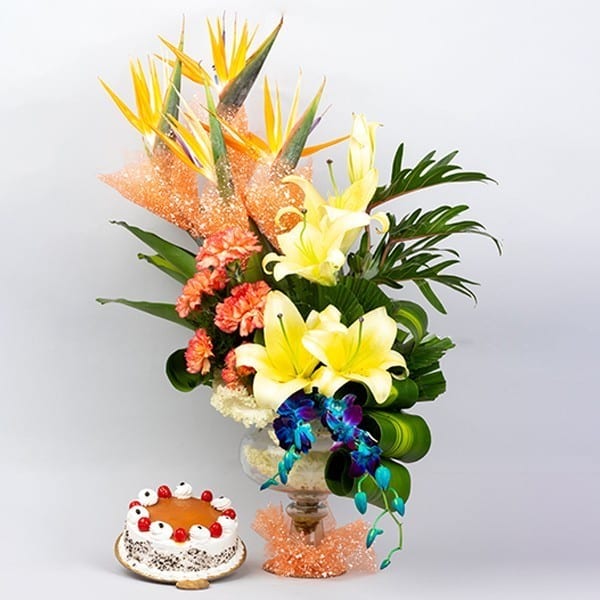 Mix Flowers in Vase with Cake
