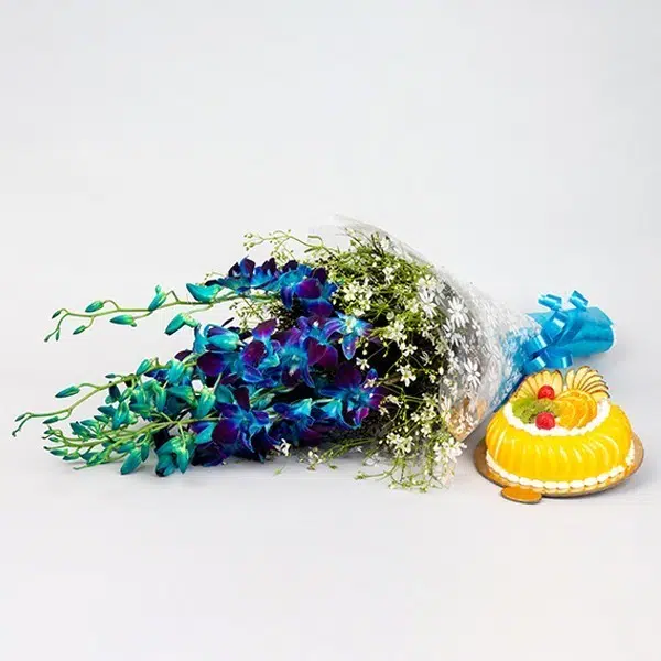 Blue Orchid And Fruit Cake