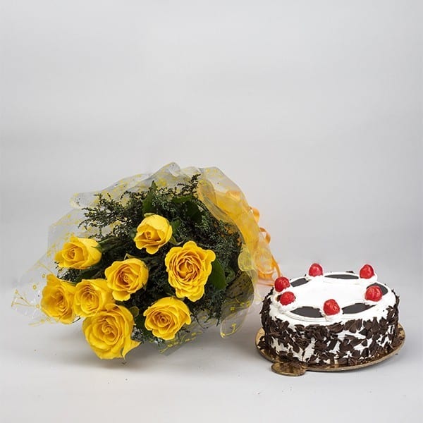 Yellow Rose Bunch with Cake