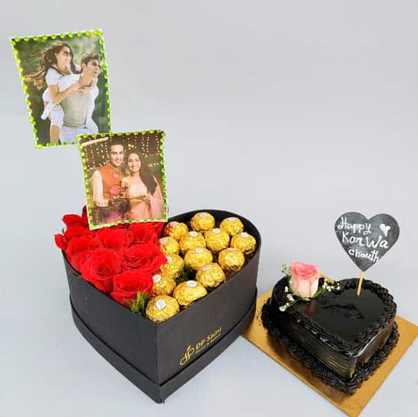 Red Roses & Rocher Heart Shape Box With Photo & Karva Chauth Mug
