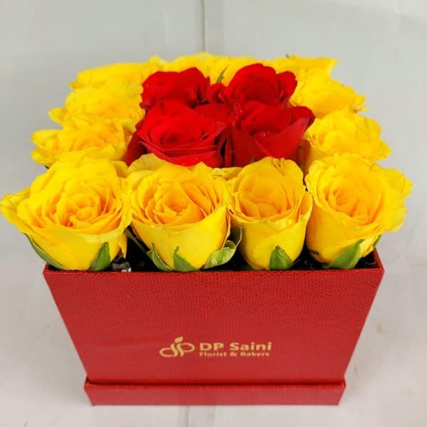 Yellow & Red Rose Box Arrangement