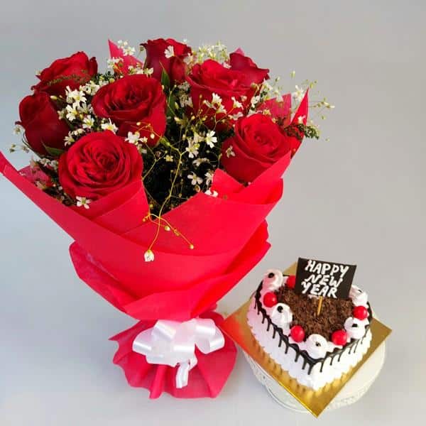 Bunch of Red Roses & Black Forest Cake