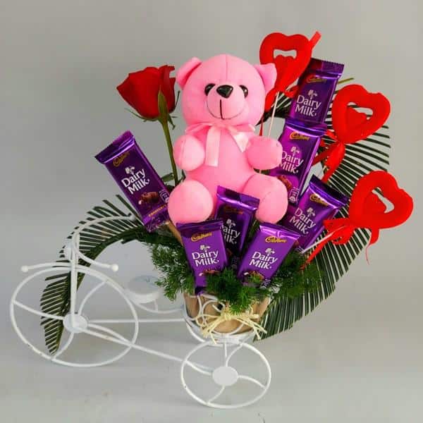 Teddy with chocolate heart arrangement