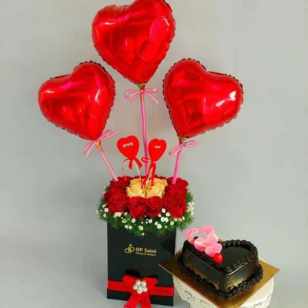 Rose Box with Foil Balloon & Cake