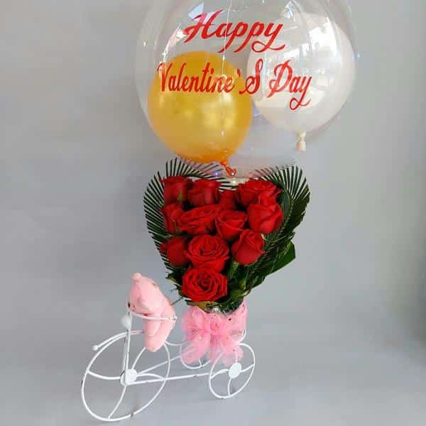 Bicycle heart shape Rose Arrangement with air balloon