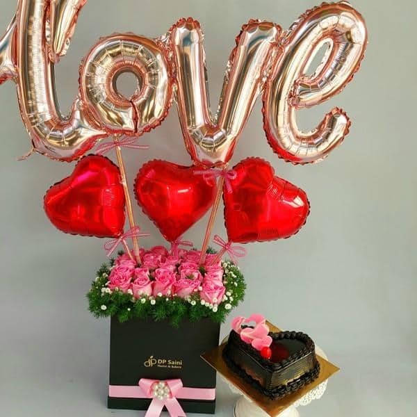 Rose box with love foil balloon with cake
