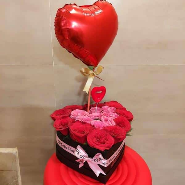 Heart shape box of mix rose with foil balloon