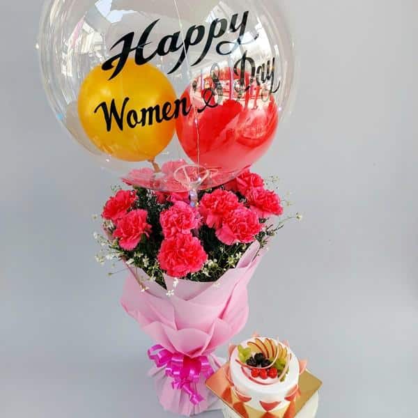 Carination Flower Bunch with Air Balloon & Cake