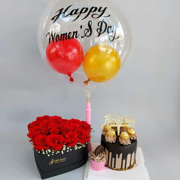 Premium Combo of Rose Box with designer Cake & Air Balloon