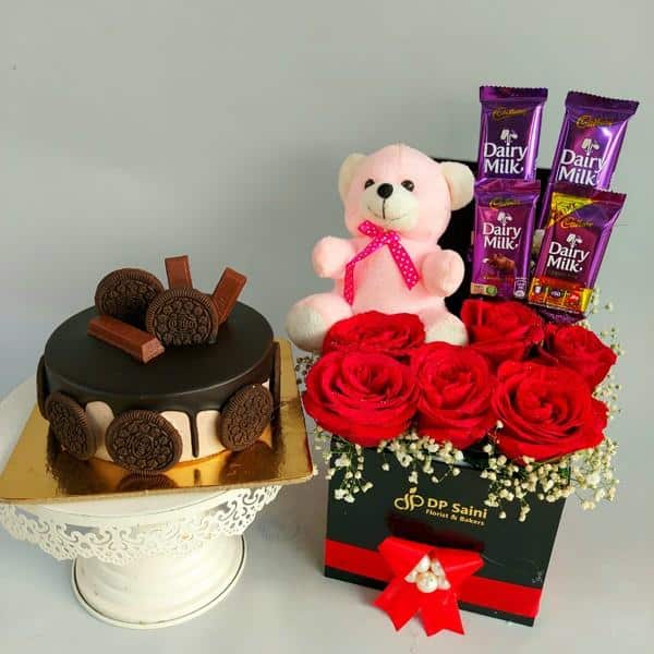 Rose Box with Chocolate, Teddy & Cake
