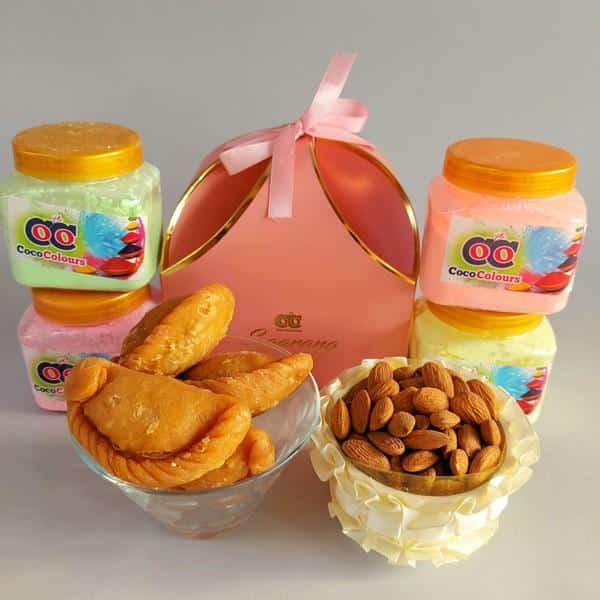 Pack of Assorted Holi Gulal with Sweets & Dry Fruits