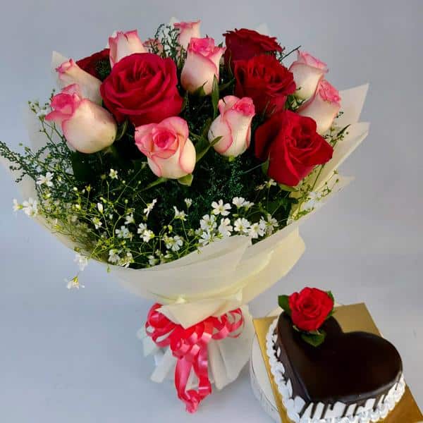Bunch of Mix Roses with Cake