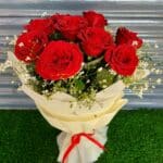 10 Red Roses off-white ullay paper packing bunch ribbon.