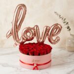 Big Round Box Full of Roses with Love Balloon