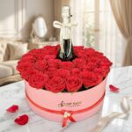 Big Round Box Full of Roses with Champagne