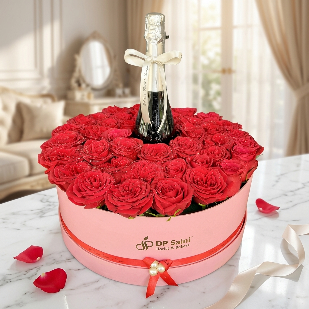 Big Round Box Full of Roses with Champagne