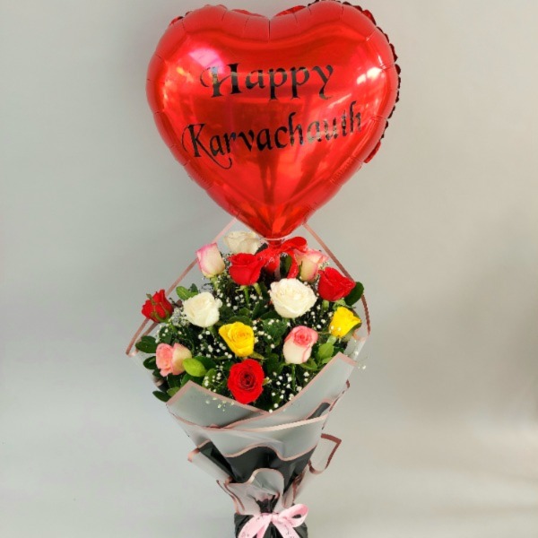 Mix Rose Bunch with Foil Balloon (Happy Karwachauth)
