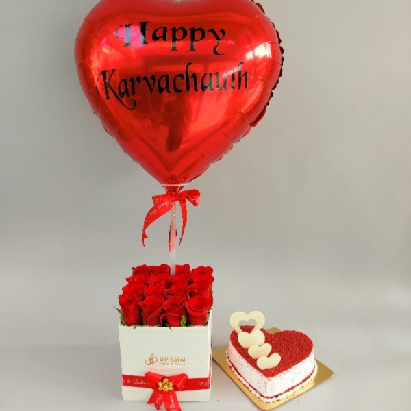 Rose Box with Cake & Foil Balloon (Happy Karwachauth)