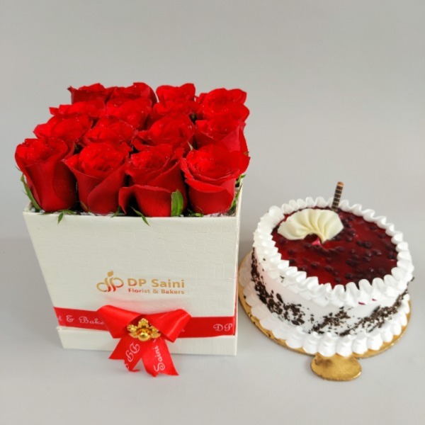 Red Rose Box with Blueberry Cake