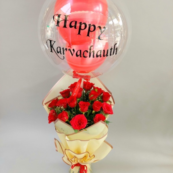 Air Balloon (Karwachauth Special) with Red Rose Bunch