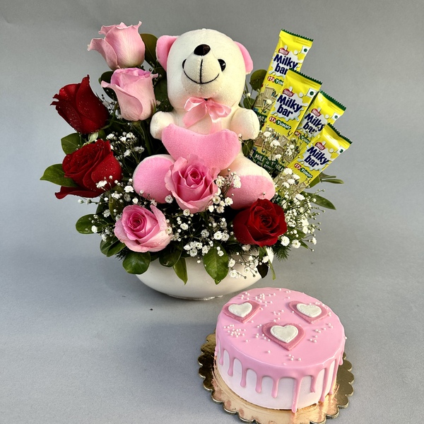 Combo of Flower with Teddy,Chocolate & Cake