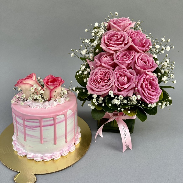 Pink Rose in Vase with Butterscoth Cake