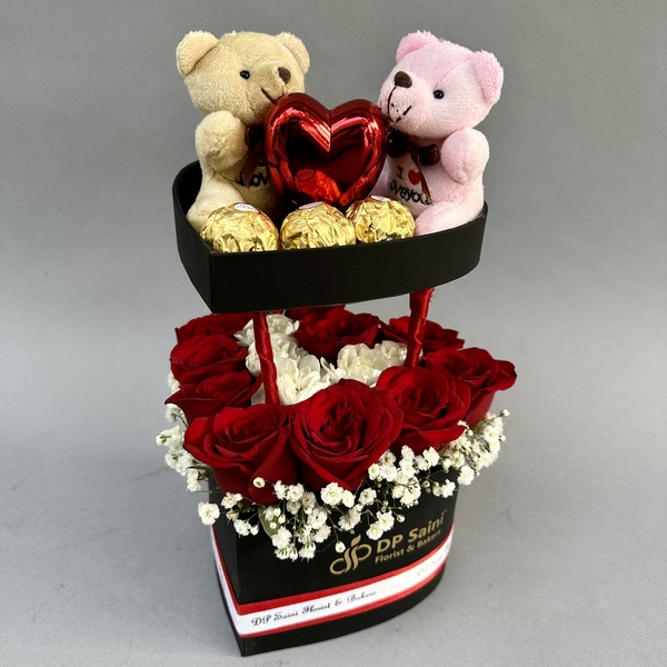 Heart Shape Box of Teddy, Chocolate & Roses