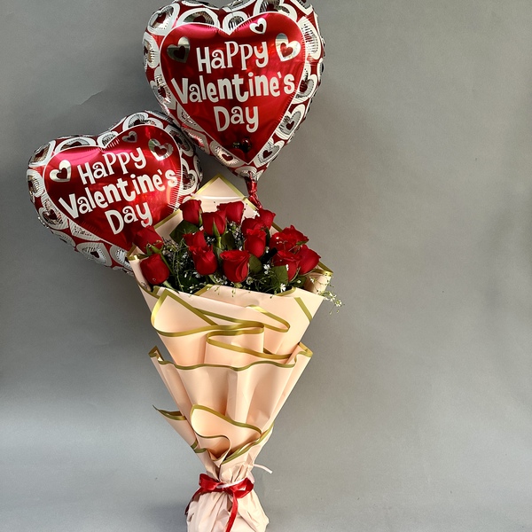Bunch of Red Roses with Foil Balloons