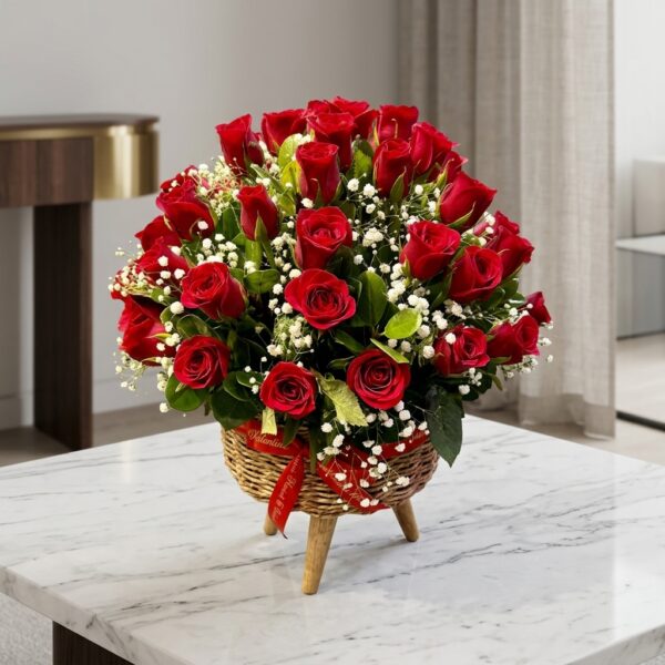 50 Red Roses in Jute Basket