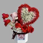 Red Roses & Gipsy Heart in Box with Teddy