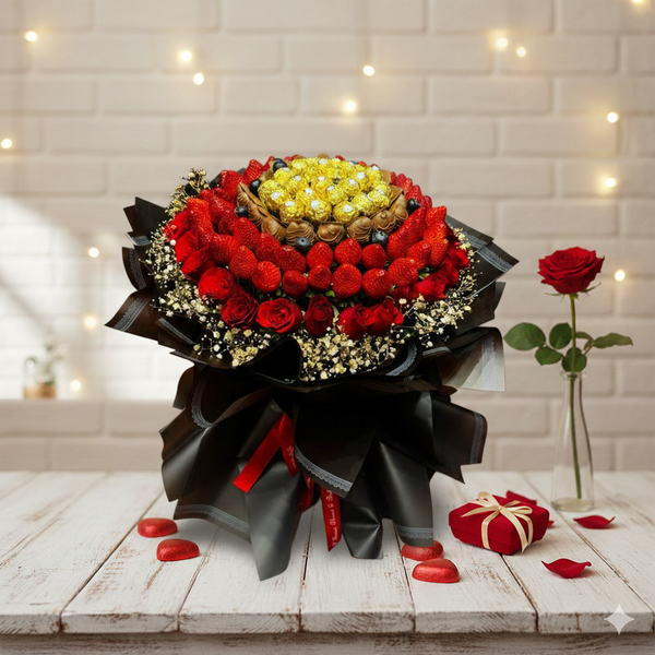 Luxury Bunch of Red Roses , Fresh Strawberry, Ferrero Rochers