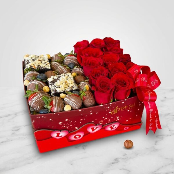 Box of Red Roses with Strawberries Dipped in Chocolate & Brownie