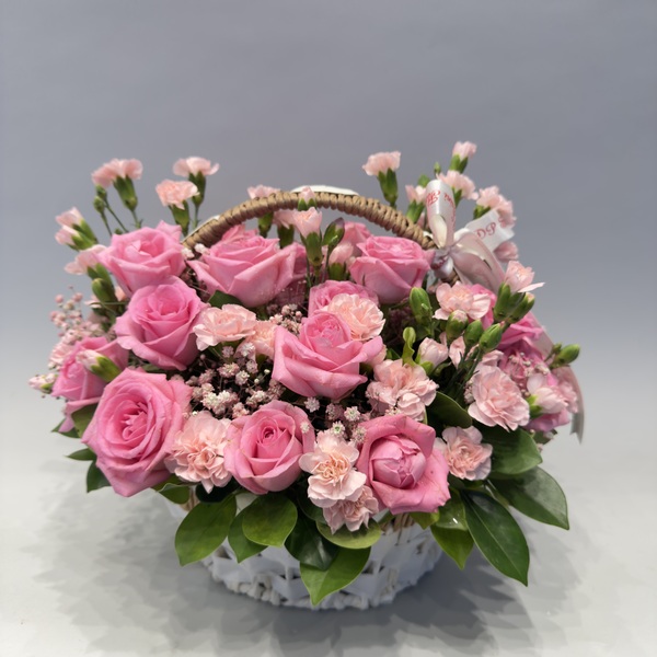 Basket of Pink Roses & Carnations