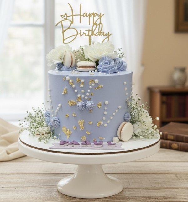 Designer Butterscoth Cake with Fresh Flowers & Macaron