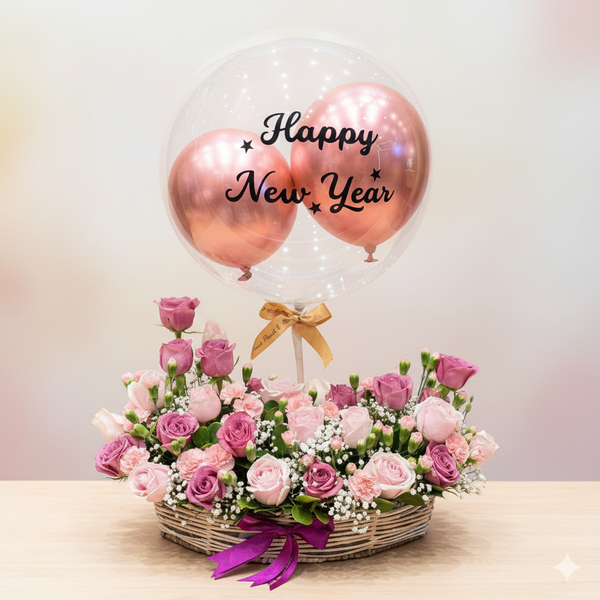 Jute Basket of Mix Rose with Air Balloon