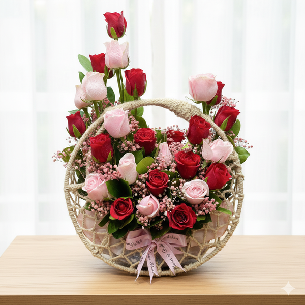 Mix Roses in  English Garden Moon Basket