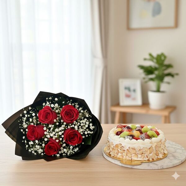 Combo of Rose Bunch with Fruit Cake