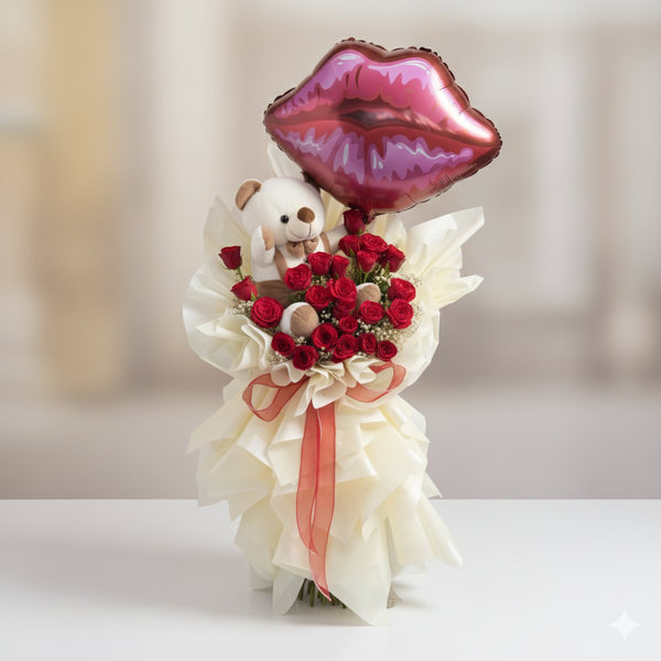 Luxury Red Roses, Teddy ,Foil Balloons in Metal Stand
