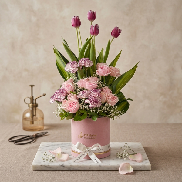 Tulip & Pink Roses in Box