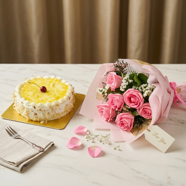 Pink Roses & Pineapple Cake Combo