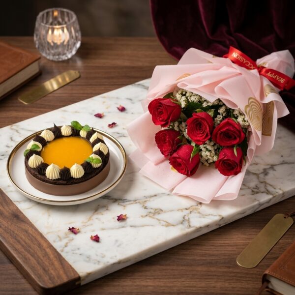 Combo of Red Roses & Choco Vanilla Mango Cake