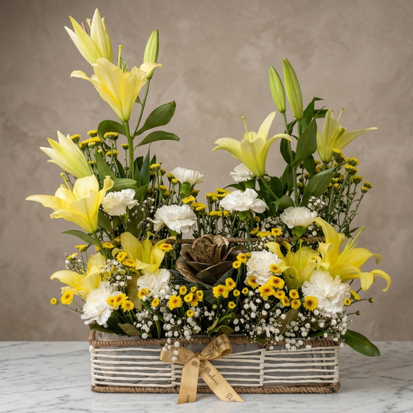 Yellow Theme Exotic Mix Flowers in Garden Basket