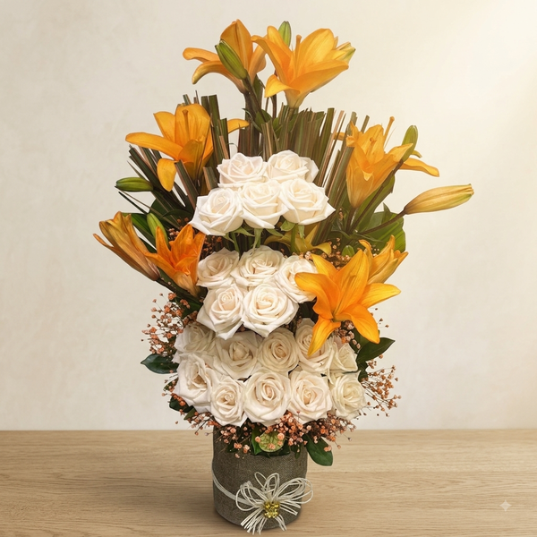 Orange Lily & White Rose Floral Arrangement