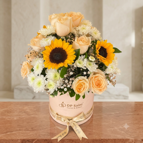 Sunflowers & Peach Roses Luxury Box Arrangement