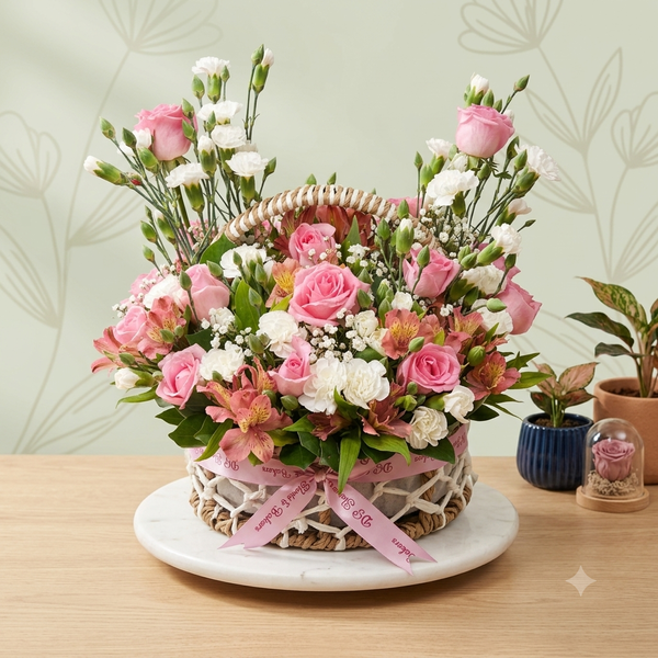 Premium Pink Rose & Carnation Floral Basket