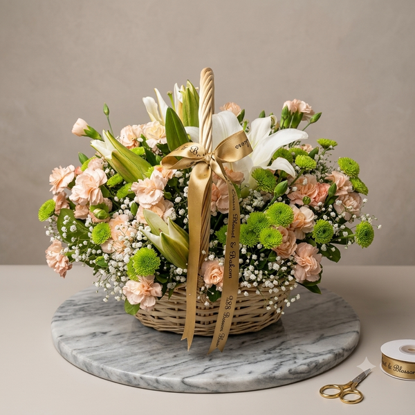White Lily & Peach Carnation Basket